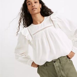 Madewell long sleeve white ruffle blouse, XXS and headband.